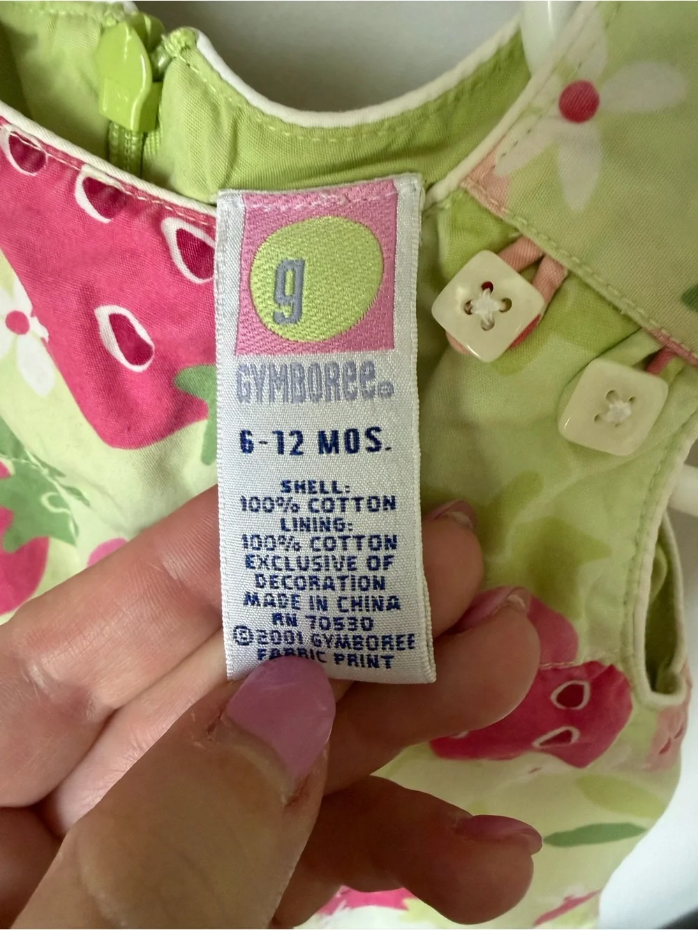 Gymboree Girls 6-12M Green Pink Strawberry A-Line Cotton Dress Zip Back